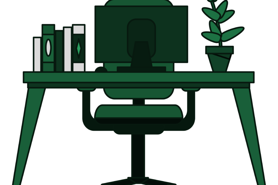 Schreibtisch mit Stuhl und Laptop und Büchern.